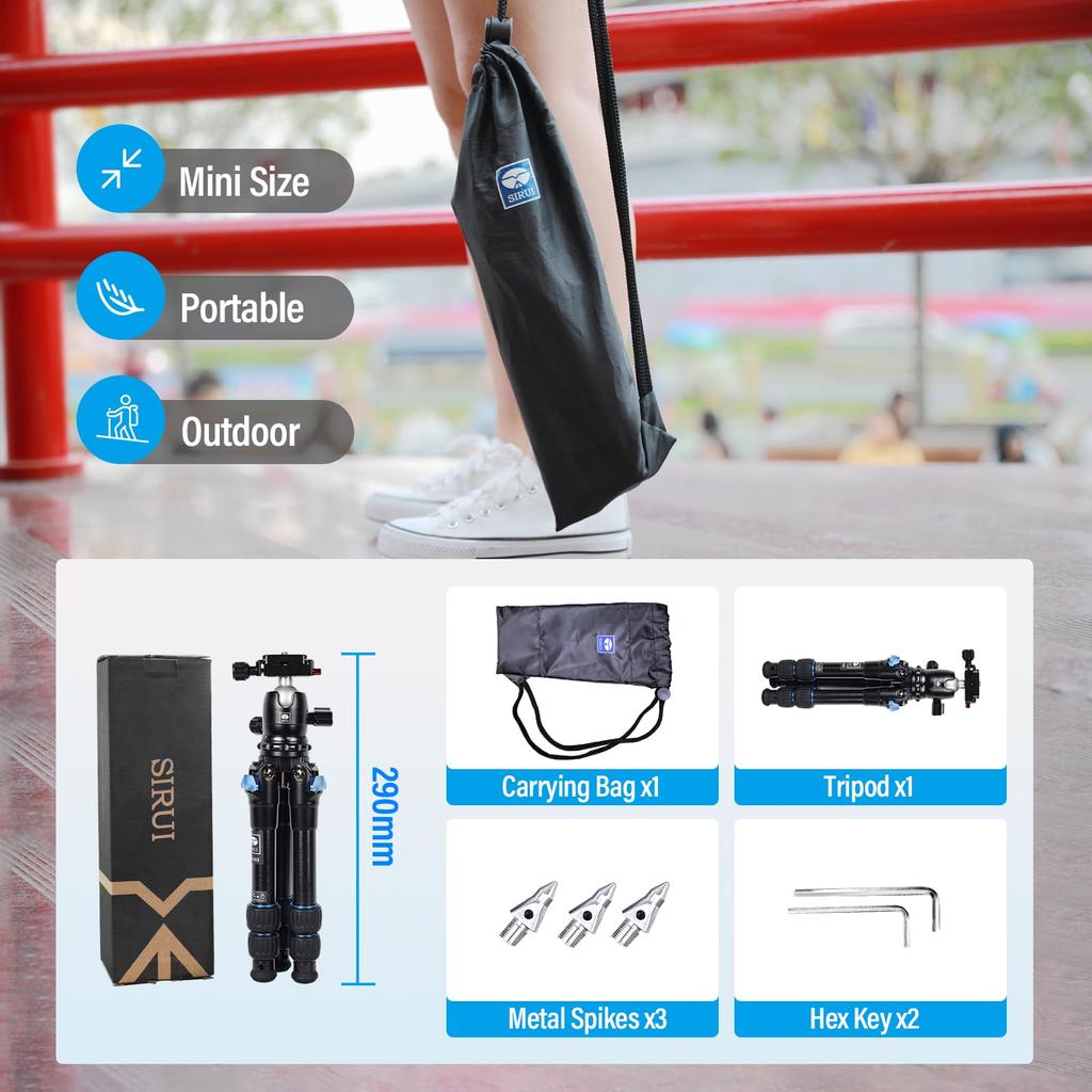 SIRUI AM203 Mini Resestriativ Aluminium Bordsstativ för Maxlast Ihopfälld Längd Max Höjd Stativ, 360°B00K Huvud, Kamera, 33lbs/15KG, 11.4", 16.7"