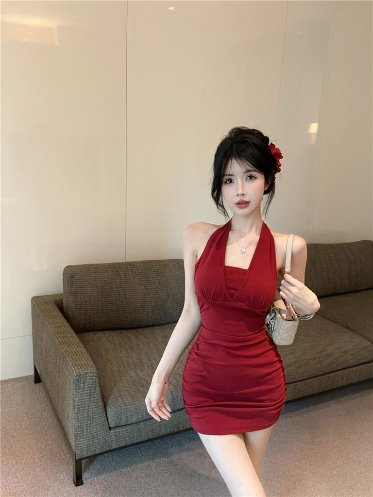 Celebrity chain neck strap evening dress suspender skirt women's summer pure desire sexy backless waist dress