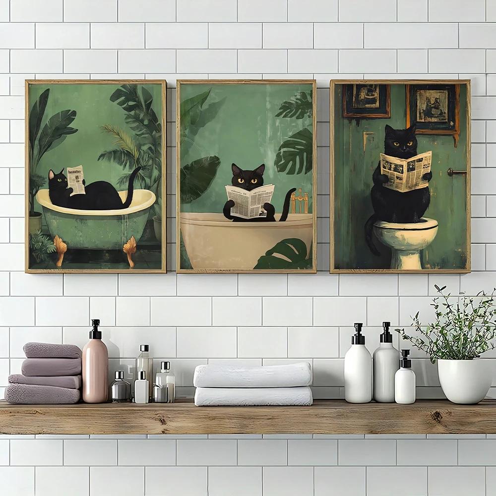 1 Stück rahmenloses lustiges Tier liest Zeitung auf der Toilette Poster Leinwandbild Affe Hund Schwarze Katze Badezimmer Wandkunst Heimdekoration
