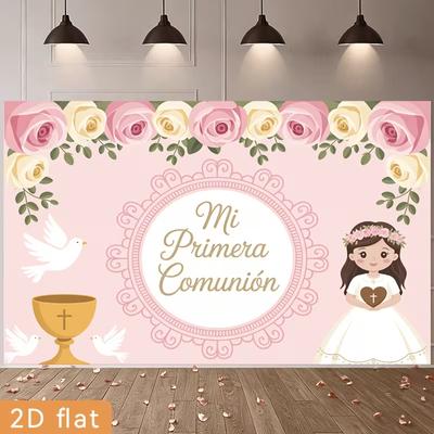 2D Pink Floral First Communion Backdrop, 2D Mi Primera Comunión Themed Party Photography Background Cloth