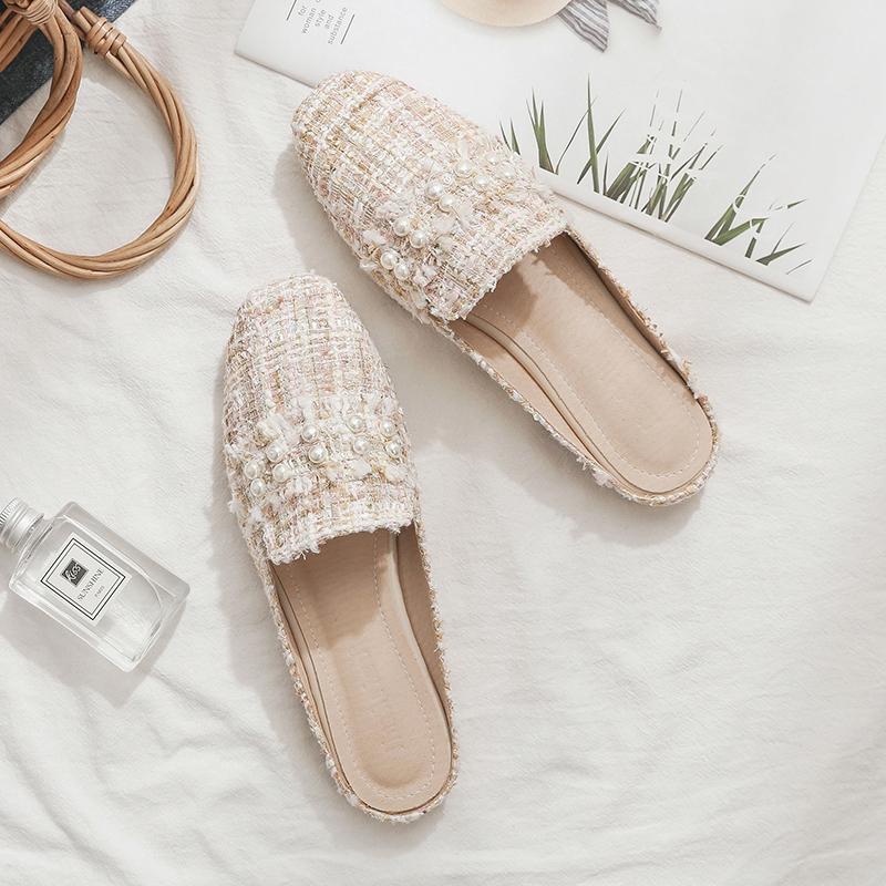 Fashion Aphixta 2025 New Summer Pearl Women Slides Ladies Shoes Flat Heel Cool Fashion Bow Fabrics Footwear Slippers Plus Big Size 43