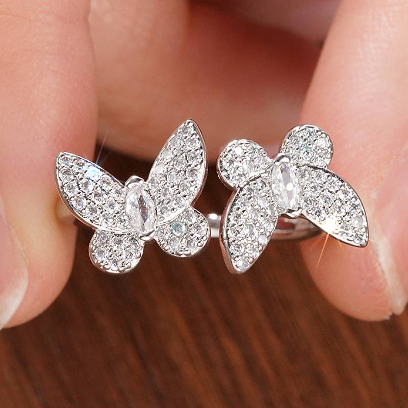 

Huitan Fresh Style Women Double Butterfly Animal Opening Ring Inlaid Shiny CZ Elegant Wedding Daily Accessories Fashion Zircon resizable