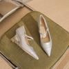 75007 [sheepskin] Silver High Heels Women's Wedge Heel New Pointed Temperament Word with Commuter Splicing Single Shoes
