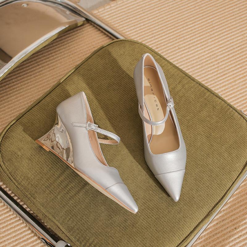 75007 [sheepskin] Silver High Heels Women's Wedge Heel New Pointed Temperament Word with Commuter Splicing Single Shoes