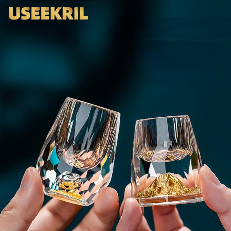 1/2Pcs Shot Glass Crystal Gold Foil Shot Glasses Chinese Style Sake Glasses For Wine Vodka Glasses Double Glass Wine Cup For Bar