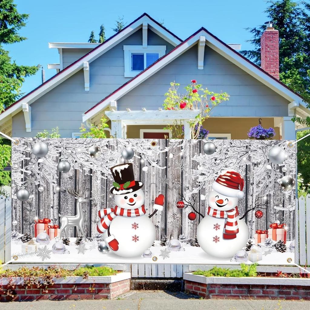 Impressive 7' x 16' Christmas Garage Banner - Snowflakes & Snowmen Decoration