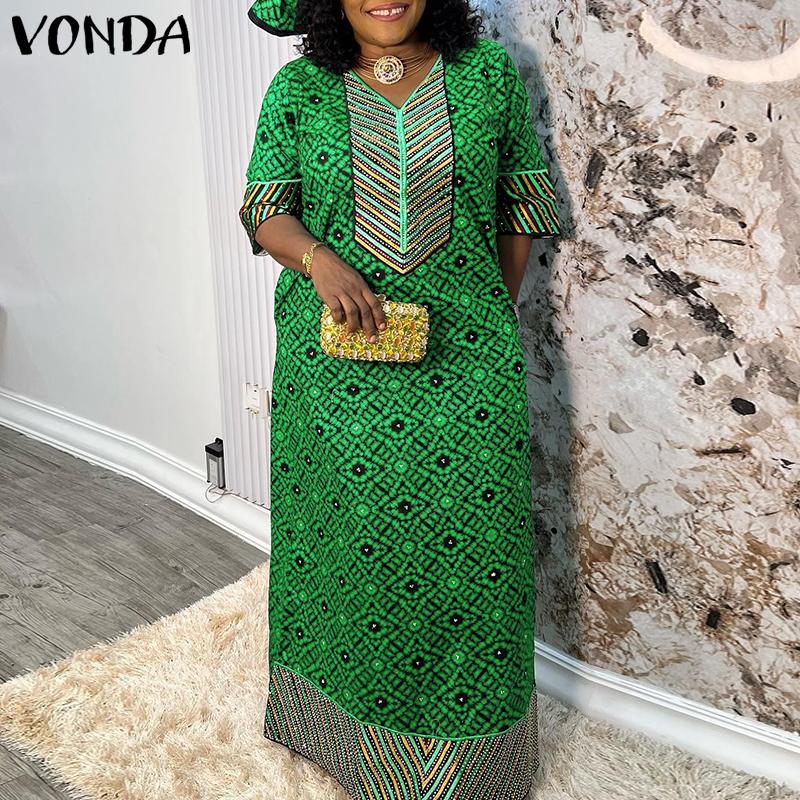 VONDA Lockeres, langes Kleid mit V-Ausschnitt und 1/2 Ärmeln für Damen in großen Größen