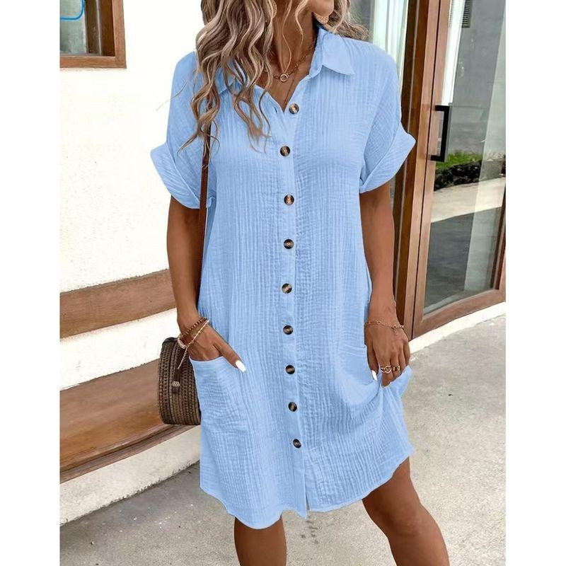 

Step-in Fashion Spring/Summer Fashion Temperament Commute Lapel Pocket Shirt Dress Sky Blue M