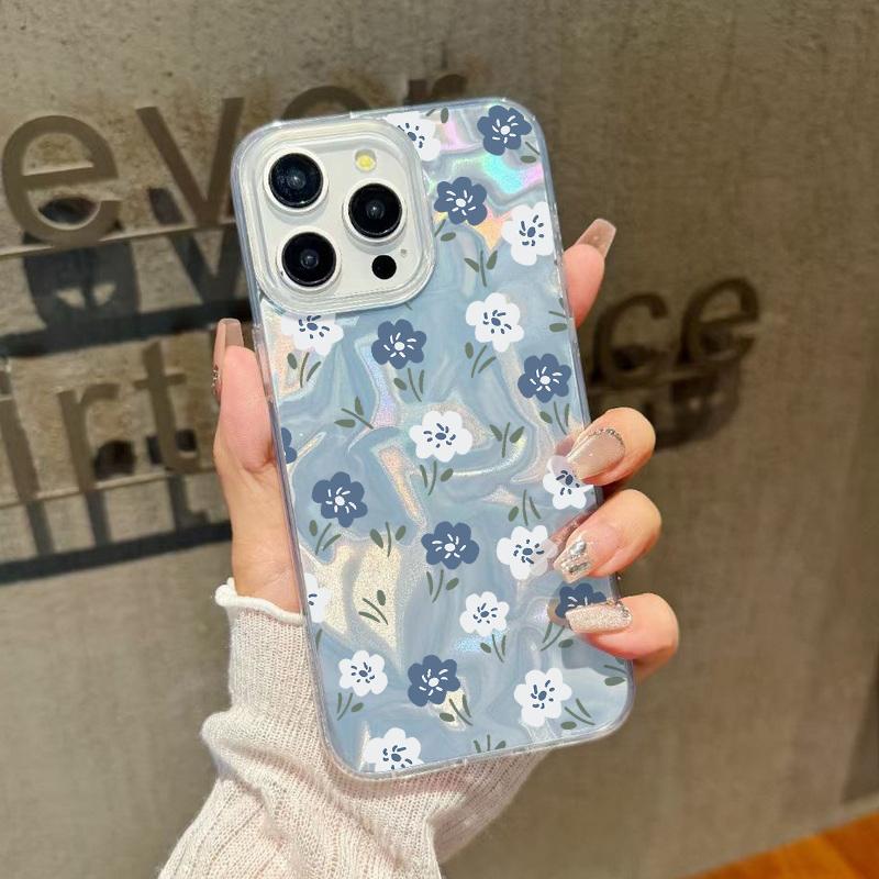 Simple Flower Pattern Luxury Glitter Case For iPhone 16 Pro Max 15 Pro 14 13 12 11 Slim Glossy Shockproof Hybrid PC TPU Clear Phone Cover