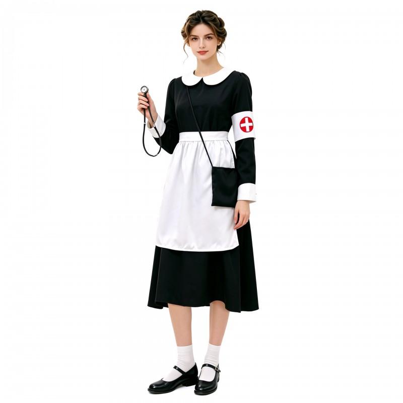 Women Kids Matching Nurse Costume Set Black White Classic Cosplay Outfit Stage Performance Halloween Role Play