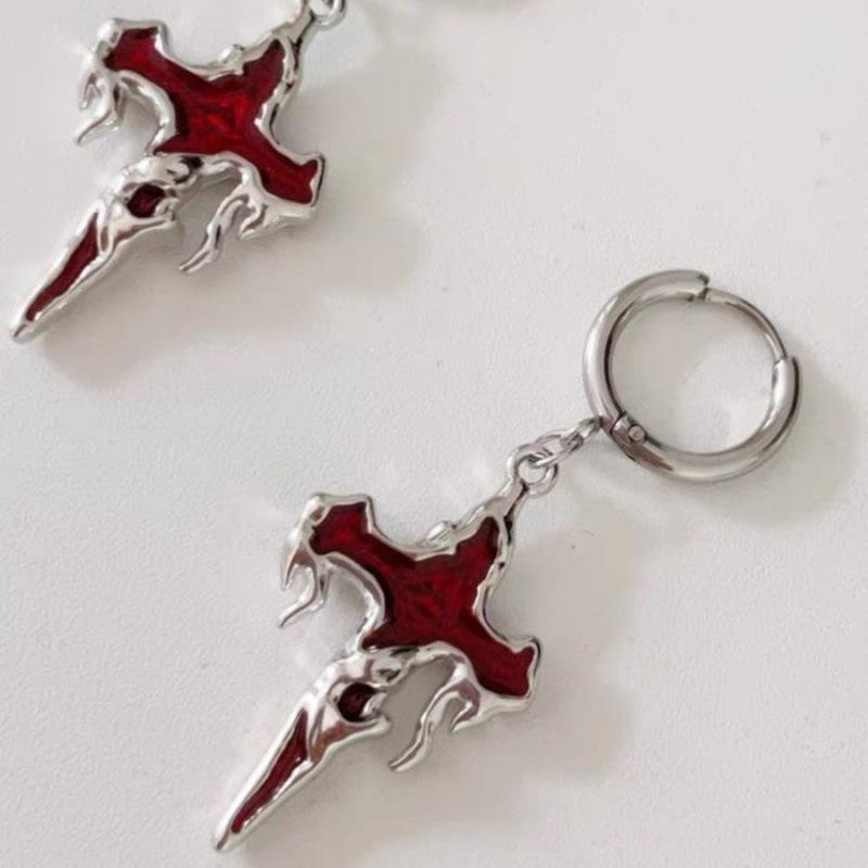 Dark Gothic Punk Flame Lava Cross Earrings - Y2K Retro Hot Girl Style