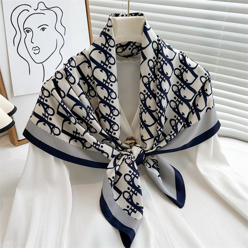 Striped Twill Silk Scarf: Large Square Shawl & Sunscreen Travel Headscarf - 90cm, Perfect for Spring & Autumn
