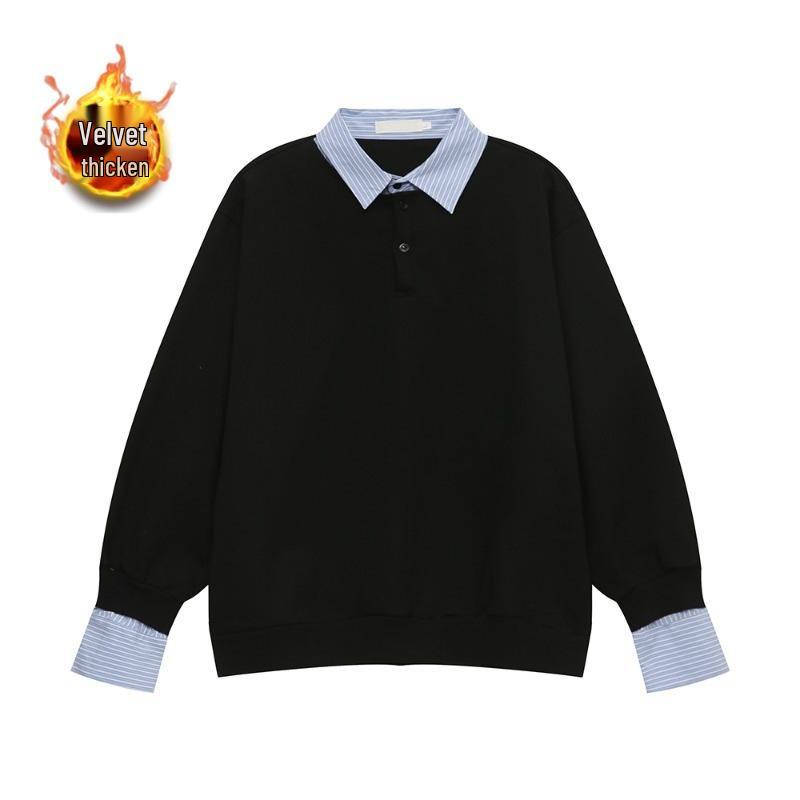 Мужская ретро-толстовка с флисовой подкладкой, создающая двухкомпонентный образ - Зимняя рубашка в студенческом стиле 3XL чёрный