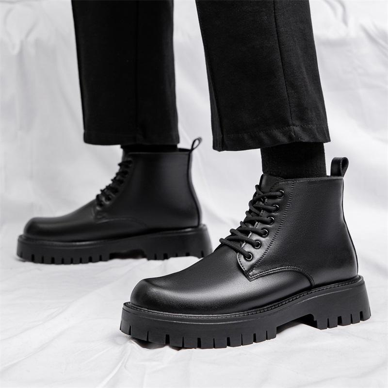 men's casual platform boots black autumn winter shoes cowboy original leather boot party prom dress lace-up ankle botas zapatos