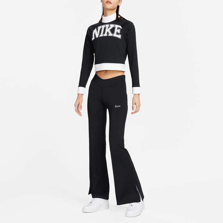 Nike Letter Print Cropped Mock Neck Long Sleeve T-Shirt Women Tops Black DQ6625-010