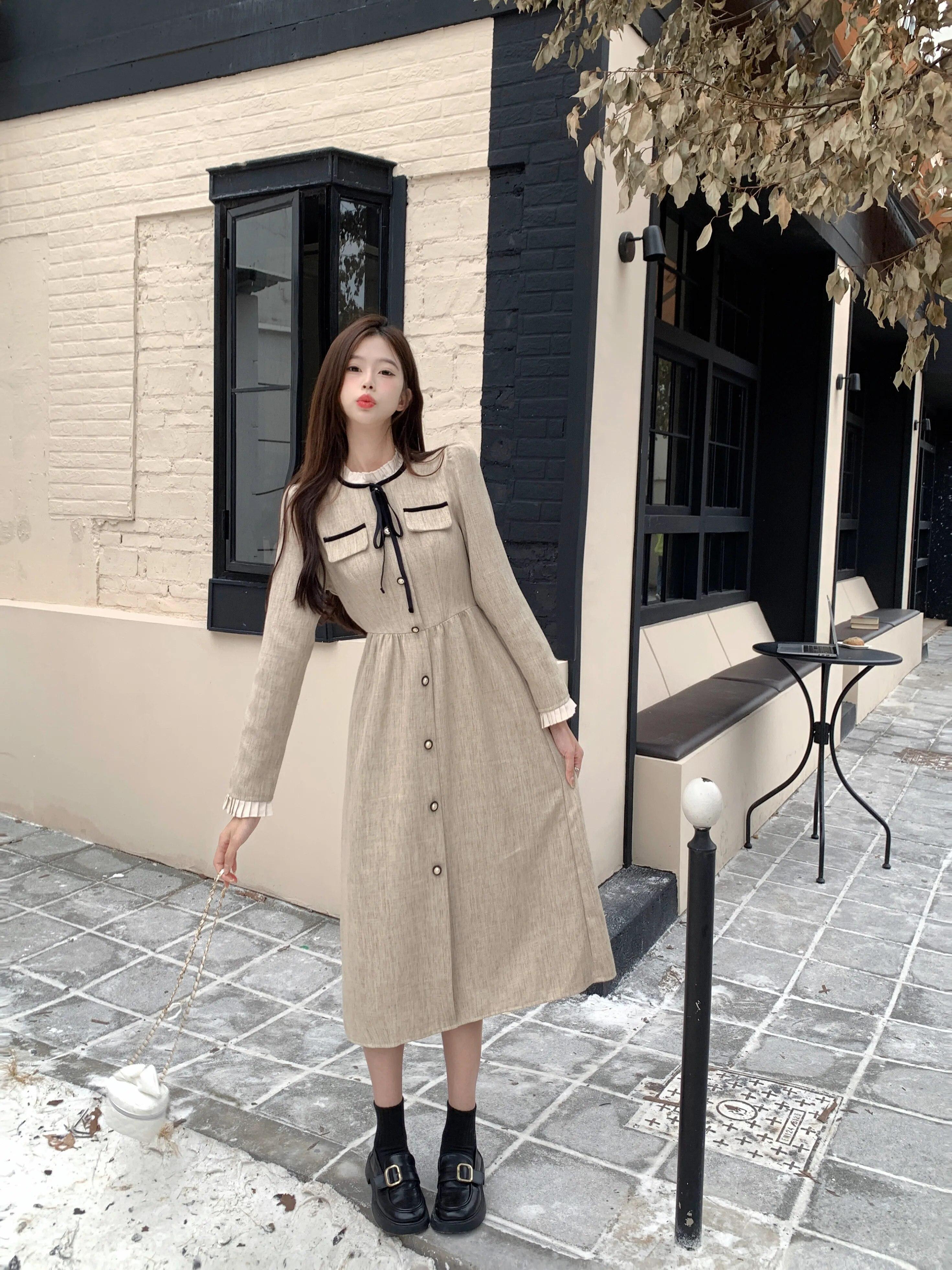 

Весенне-осеннее новое платье во французском стиле с узкой талией, нежное элегантное однотонное платье на шнуровке с длинным рукавом и воротником L хаки