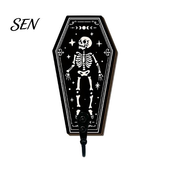 Boho Wall Mounted Rack Halloween Gothic Wooden Hook with Moon Star Skeleton Patterns, Decorative Retro Key Hanger for Entryway Hallway Living