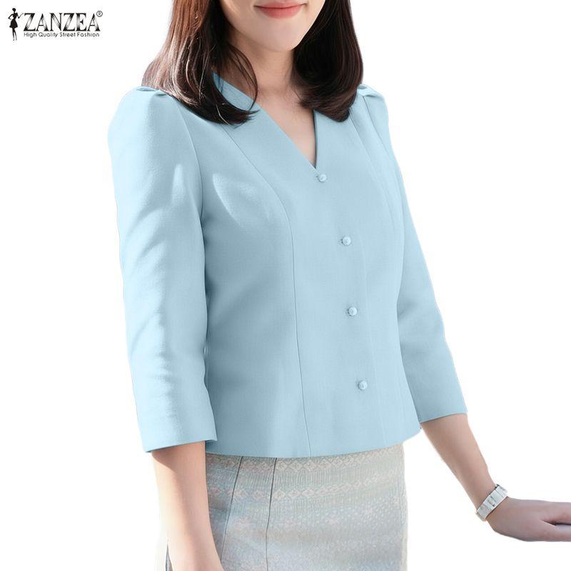 ZANZEA Women Casual V-Neck Solid Color 3/4 Sleeve Blouse