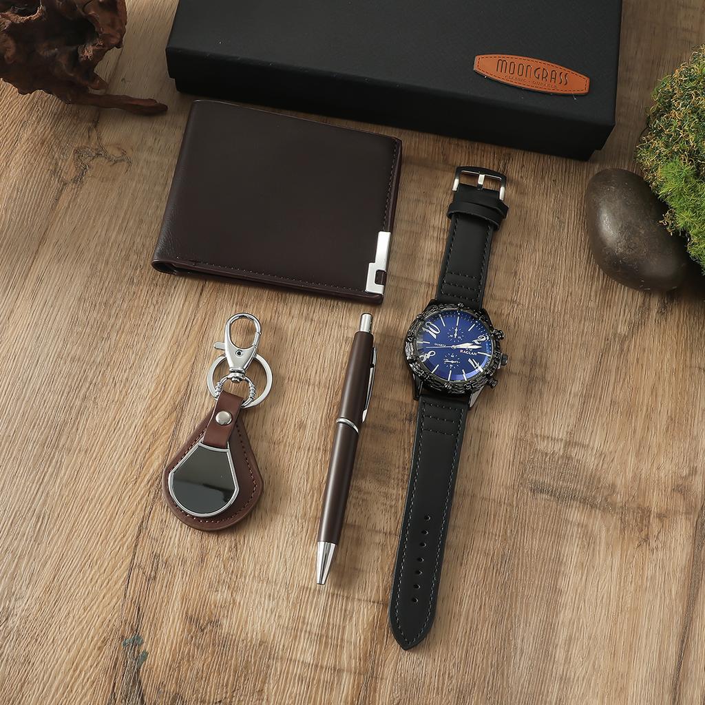 Men's New Black Large Dial Business Watch   Wallet   Pen   Keychain 4-piece Set Gift Box Set