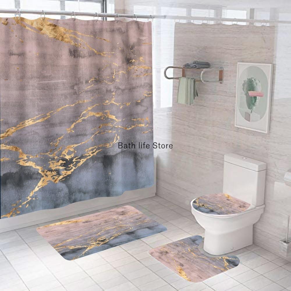 White Marble Shower Curtain Luxury Golden Modern With Non Slip Rug Mat Bathroom Curtain Waterproof Polyester Home Decor 180x180