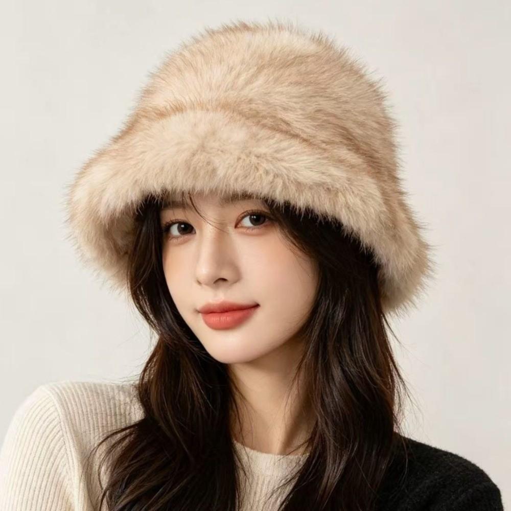 Windproof Faux Fur Bucket Hat Soft Winter Warm Cap Unisex Plush Fisherman Hat Skiing