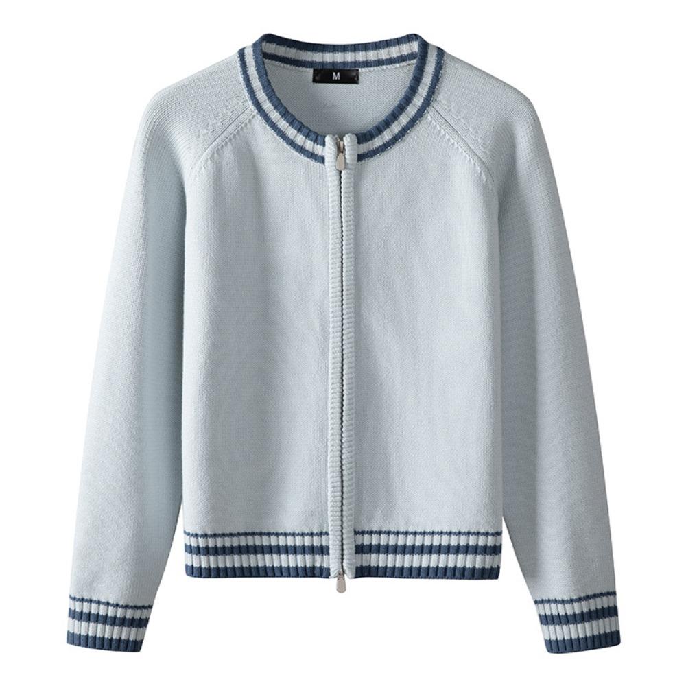 Women's O Neck Long Sleeve Cardigan Regular Fit Casual Knit Sweater Full Zip Striped Jacket