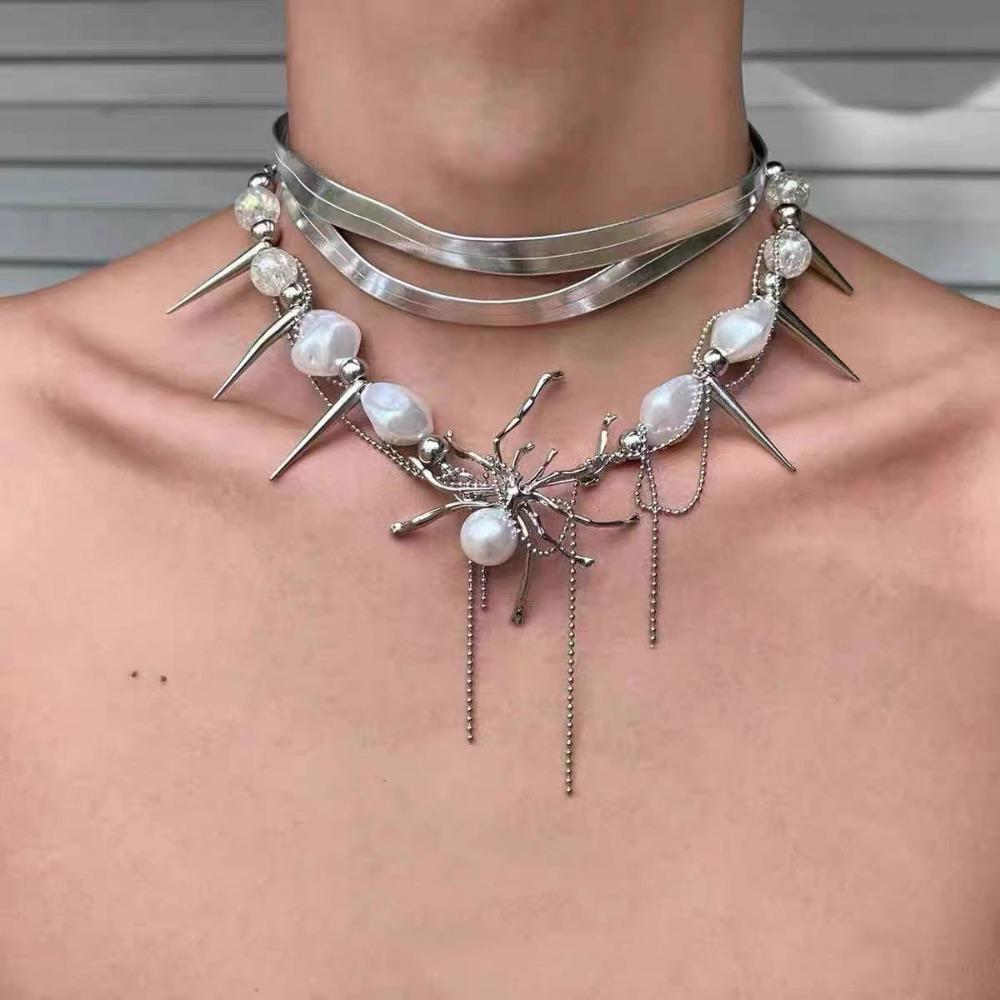 

New Y2k Subculture Baroque Pearl Spider Rivet Tassel Sliver Color Leather Collar Multi-layer Necklace for Women Men Punk Jewelry