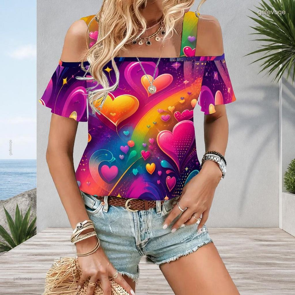 Plus Size Women Cold Shoulder Flutter Sleeve T Shirt Colorful Rainbow Heart Star Print Short Sleeve Top