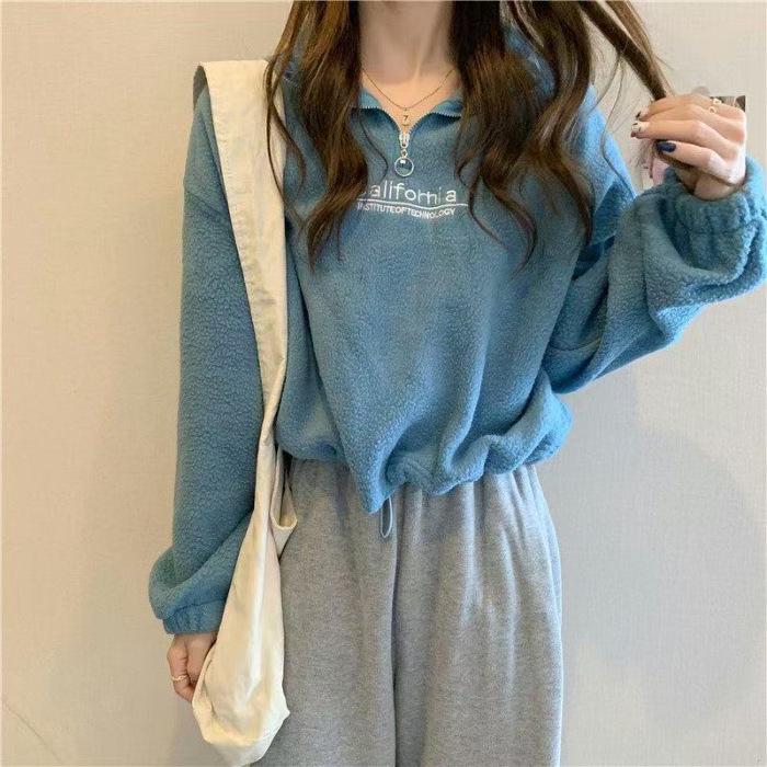 Sleek Loose Fit Women s Lamb Wool Sweatshirt with Half-High Collar for Autumn/Winter XL синий