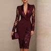 2026 Solid Color Lace Patchwork Lapel Dress – Long Sleeve, Waist-Cinching Casual Suit for Europe & America