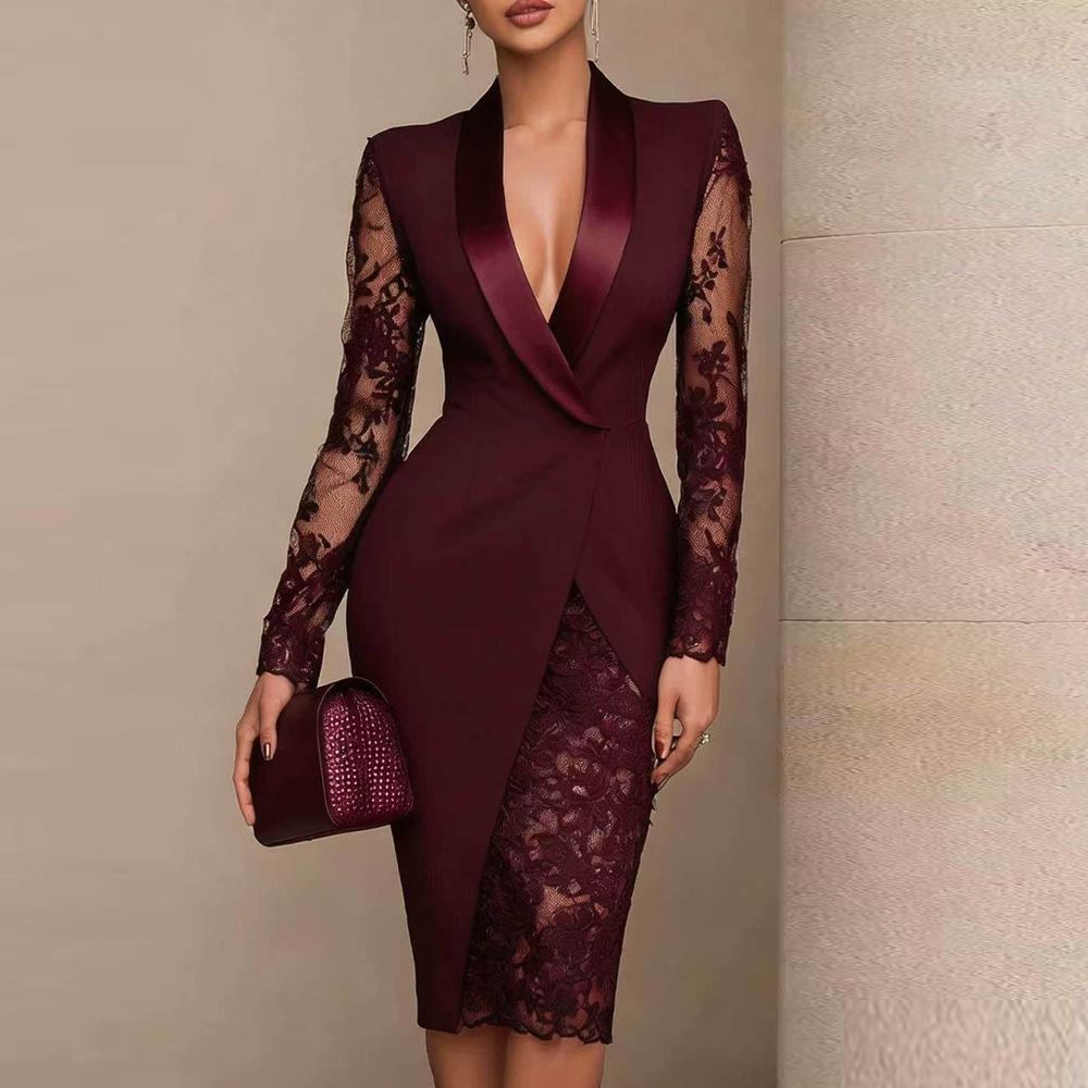 2026 Solid Color Lace Patchwork Lapel Dress – Long Sleeve, Waist-Cinching Casual Suit for Europe & America
