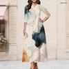 Women Plus Size Keyhole Neck 3 4 Sleeve Abstract Print Long Maxi Dress