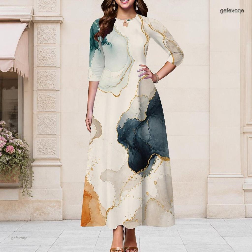 Women Plus Size Keyhole Neck 3 4 Sleeve Abstract Print Long Maxi Dress