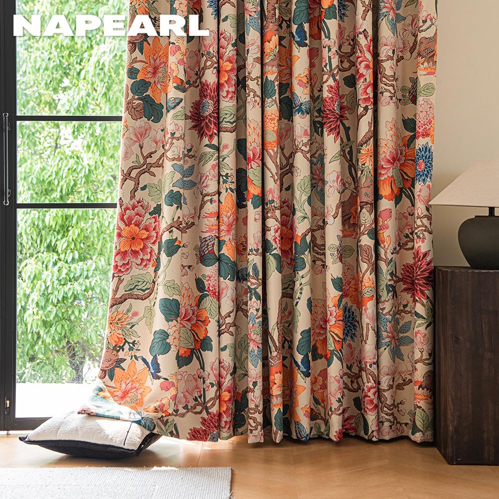 1PC NAPEARL Vintage Pastoral Colorful Floral Blackout Curtains with Oil Painting and Printed Curtains for Bedroom Living Room Home Decor