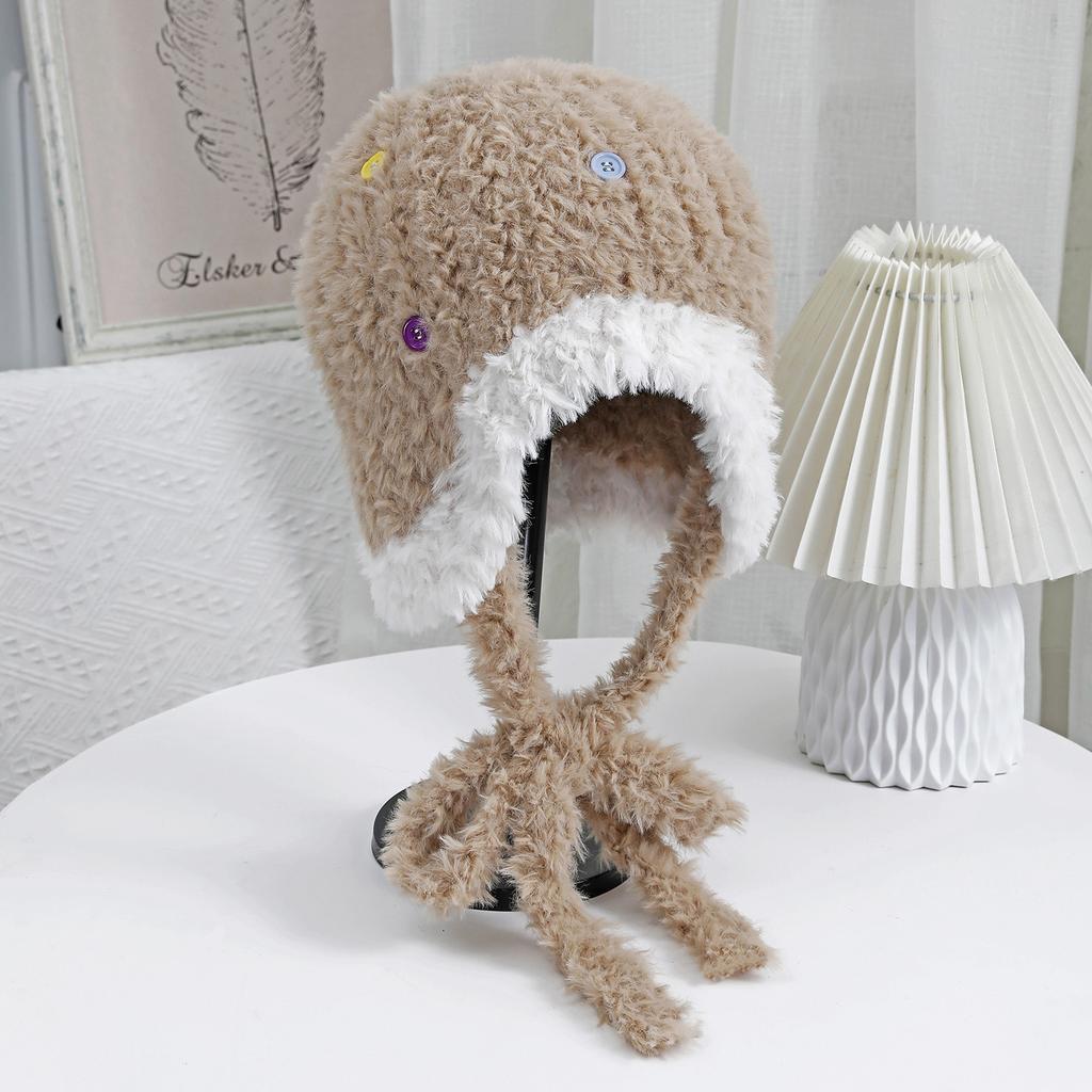 Neue mehrfarbige Knopf-Plüsch-Wollmütze, Ohrenschützend, Warm, Modisch und Vielseitig, Strickmütze, Niedliche und Gesichtsform-verbessernde kleine Schneemütze