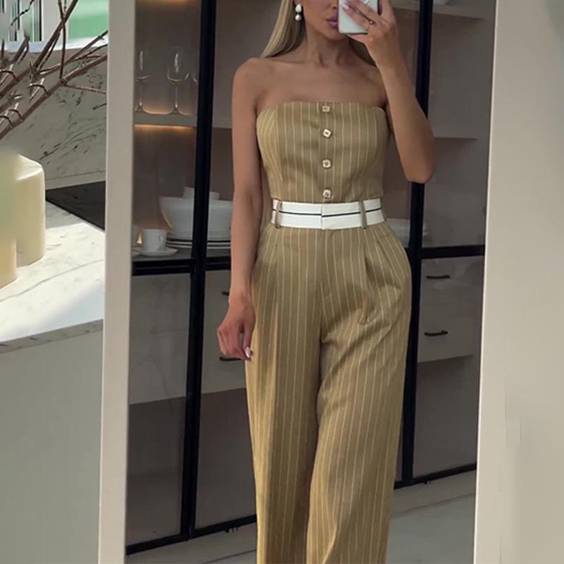 2024 Women's Summer One-Shoulder Striped Jumpsuit with High-Waisted Wide-Leg Pants