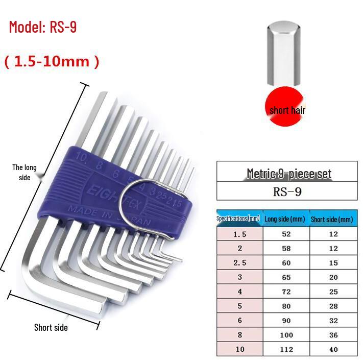 Japanese Eight Brand RS Series Hex Key Set - Flat Head Metric Long