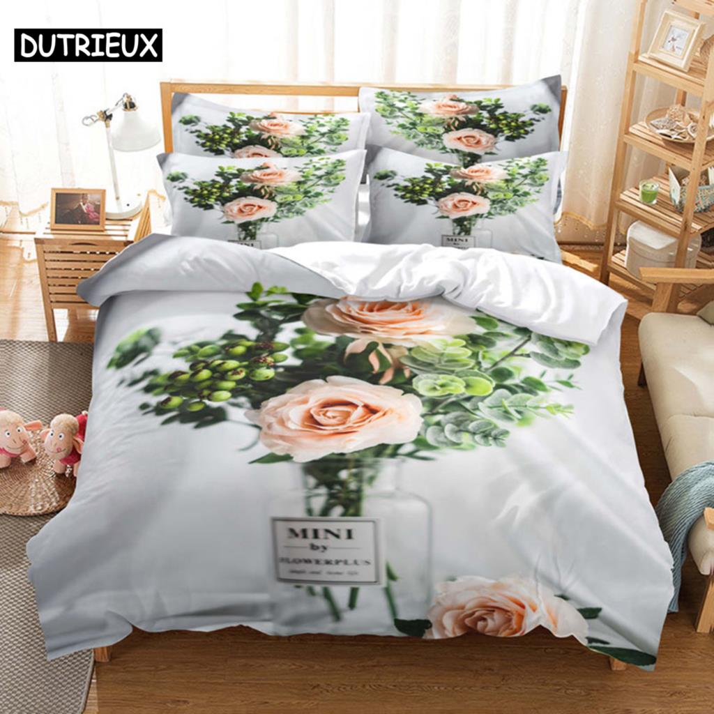 Comforter Pink Rose Bedding Set Linens Quilt Comforter 3D Pillow Case Double Full King Queen Twin Single 3Pcs 2Pcs Home Texile