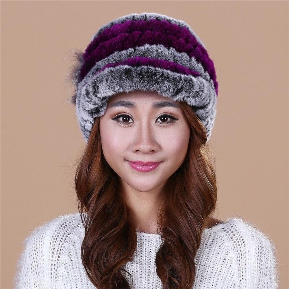 Autumn and Winter Rex Rabbit Fur Duckbill Hat with Rose Side Flower Women's Fox Fur Hat Knitted Warm Thick Fashion Hat with Brim
