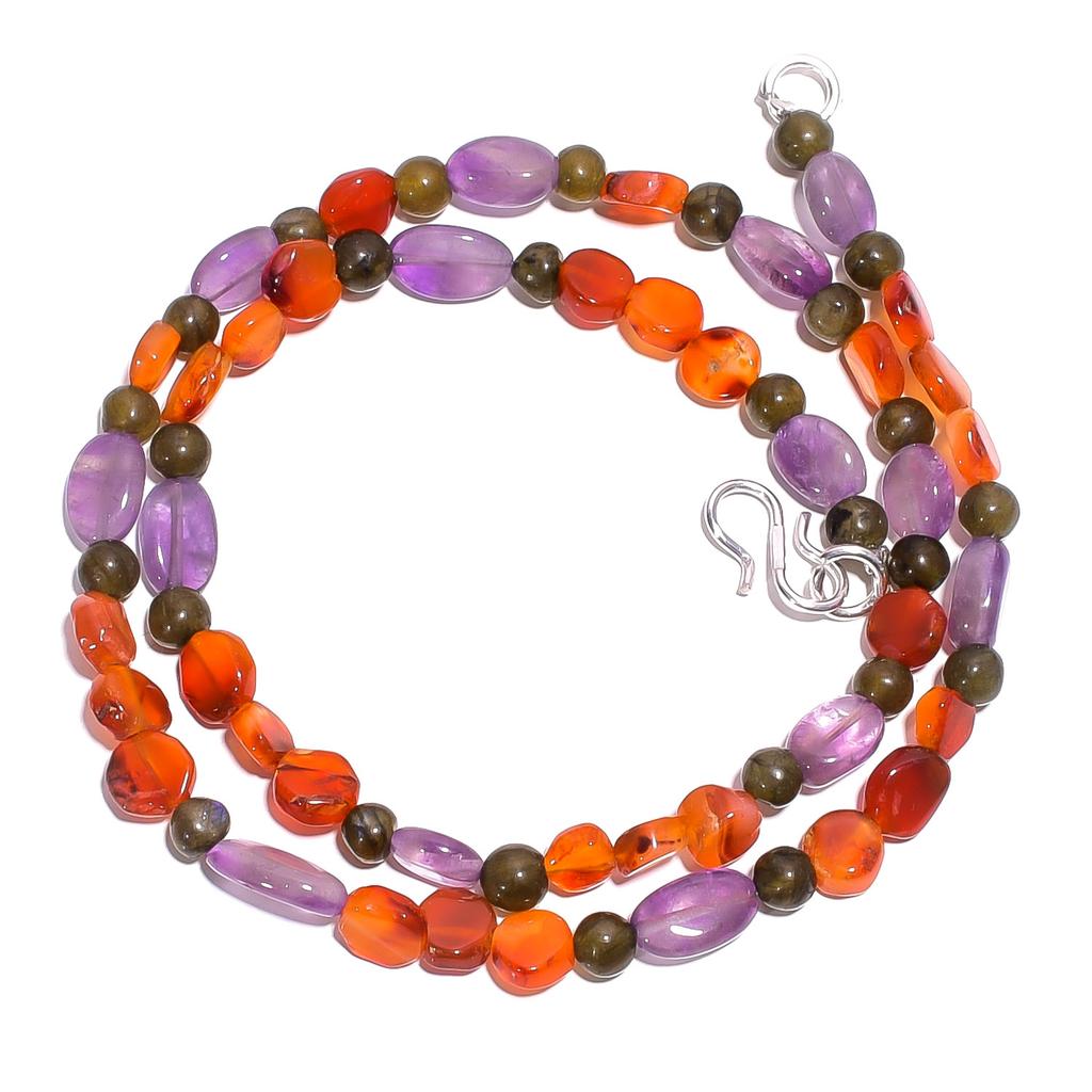 Natural Carnelian Amethyst Labradorite Gemstone Smooth Beads Necklace 17" UB4954 UB-4954