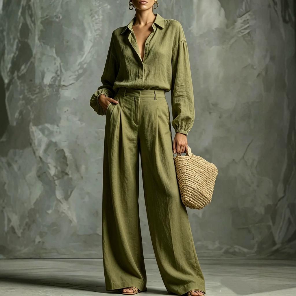 1116 New European and American Spring and Autumn Women's Fashion Solid Color Casual Shirt Top Wide-Leg Pants Two-Piece Set