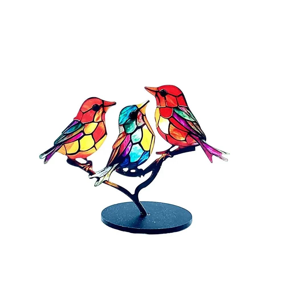 2/3/5 Multicolor Birds Stained 2D Acrylic Birds on Branch Desktop Ornaments Double Sided Multicolor Style Craft Statue Ornaments