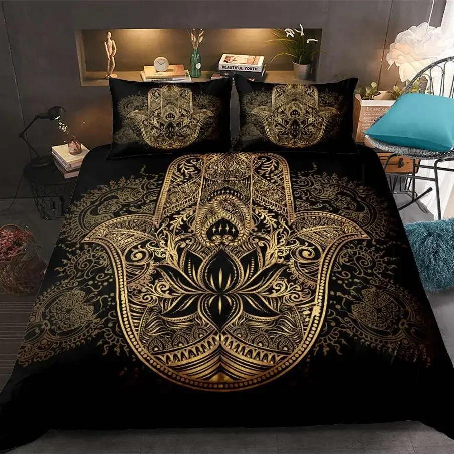Black Gold Bohemian Mandala Duvet Set Three Piece Set