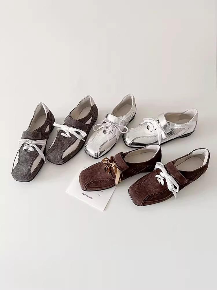 Cowhide Version~ Silver Retro Mary Jane Shoes Women's 2025 New Versatile Lace-up Inner Height-increasing Ballet Shoes Single Shoes