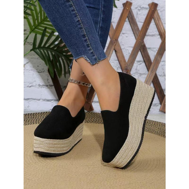 Chaussures décontractées à enfiler une seule chaussure tissées en paille grande taille pour femme à talon compensé chaussures simples