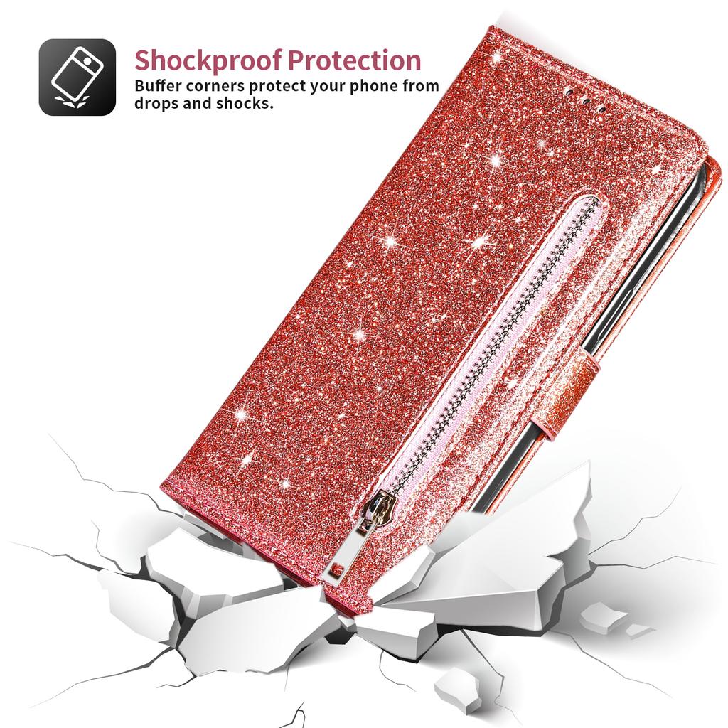 Zipper Flip Wallet Glitter Leather Case for iPhone 16 15 14 13 12 11 Pro Max XS XR 8 7 Plus SE 16E Mini Bling Stand Phone Cover