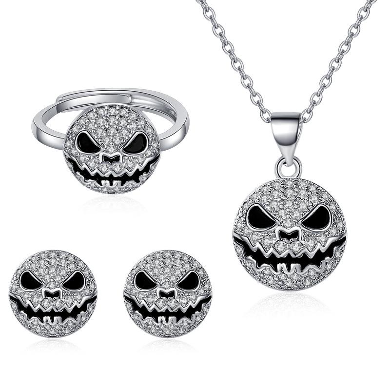 Hip-hop Diamond-set Thriller Expression Halloween Necklace Design Round Ring Jewelry Set