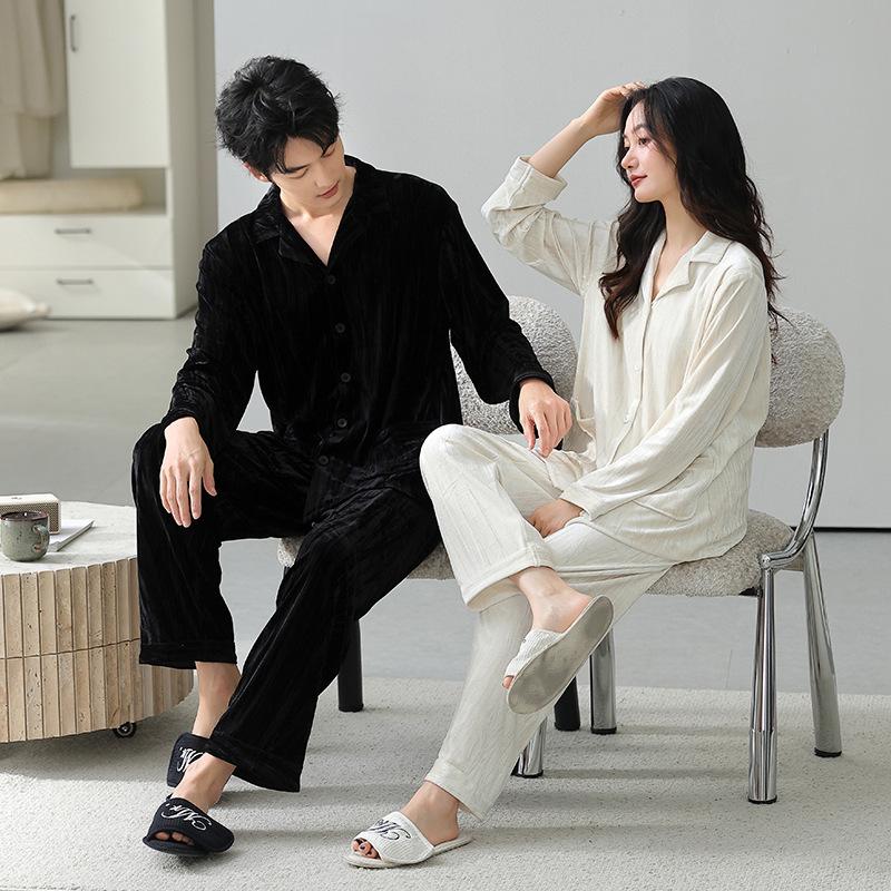 Golden Velvet Couple Pajamas Women'S Autumn And Winter Long Sleeve Fleece Warm Thin Velvet Homewear Men'S Suit