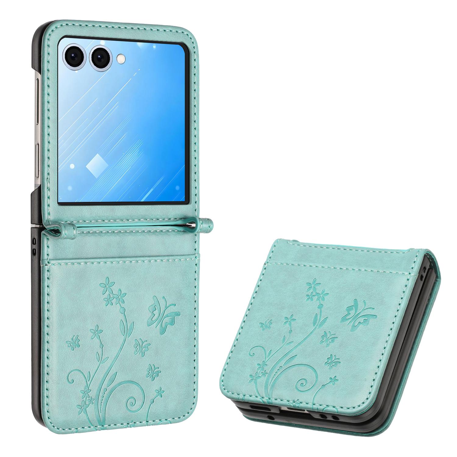 

For Samsung Galaxy Z Flip7 5G Case Butterfly Flower Imprinted Leather Phone Cover Baby Blue