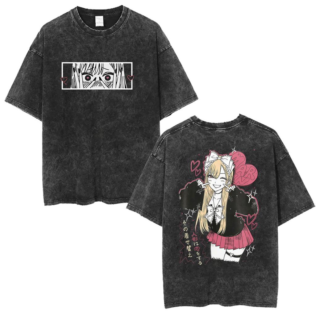 Japanese Anime Marin Kitagawa My Dress Up Darling Vintage Washed T Shirts Men Women Harajuku Oversized Cotton Tshirt Streetwear